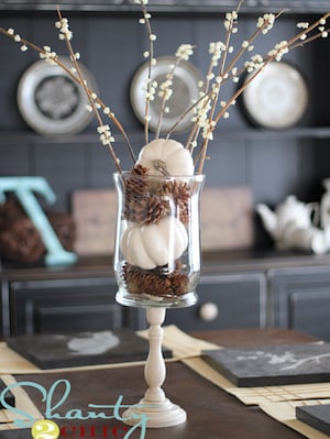 White Pumpkins and Pine Cones in a candle holder vase