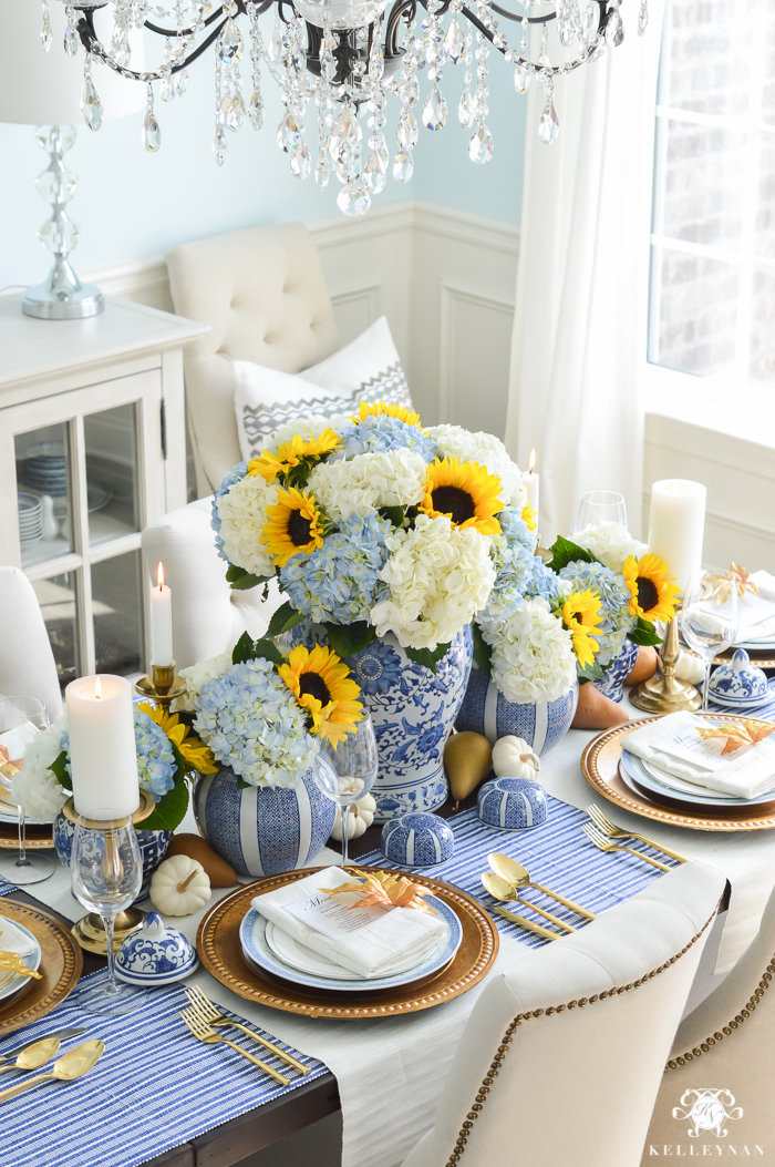 Blue and White Thanksgiving Table Idea with Sunflowers and Hydrangeas 13 of 21