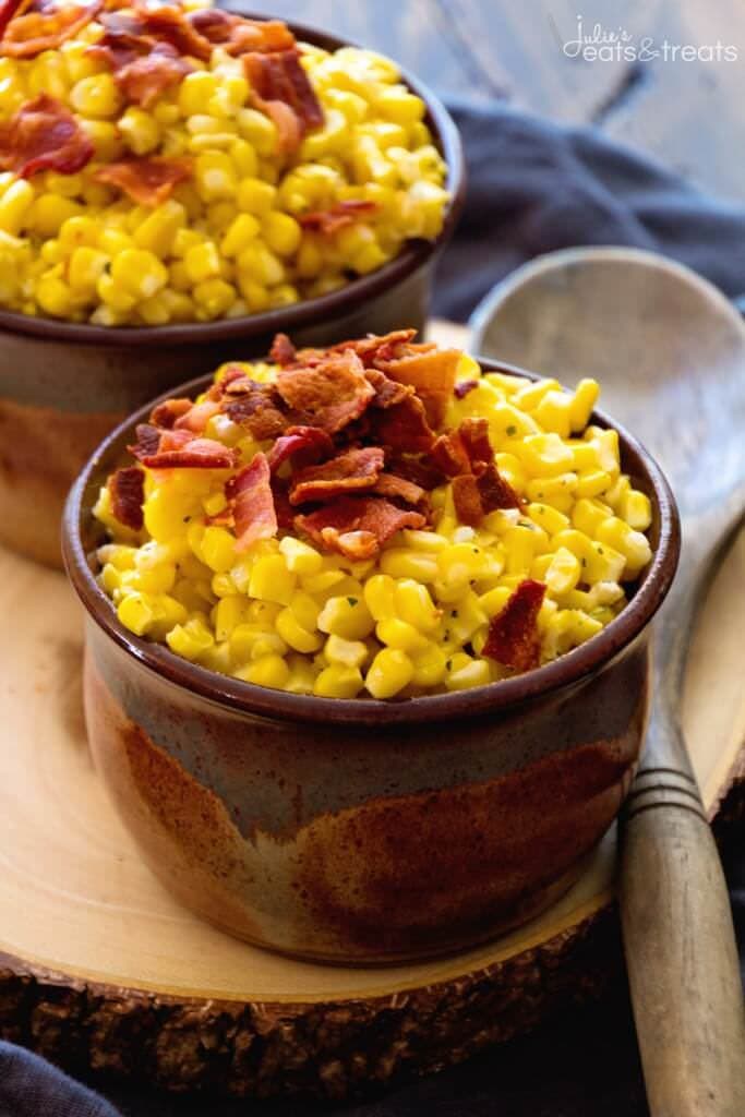 Cheesy Bacon Ranch Crock Pot Creamed Corn Recipe ~ Easy Creamed Corn Recipe full of flavor from Ranch Seasoning, Bacon and Cheese! The Perfect Side Dish for the Holidays or Dinner!