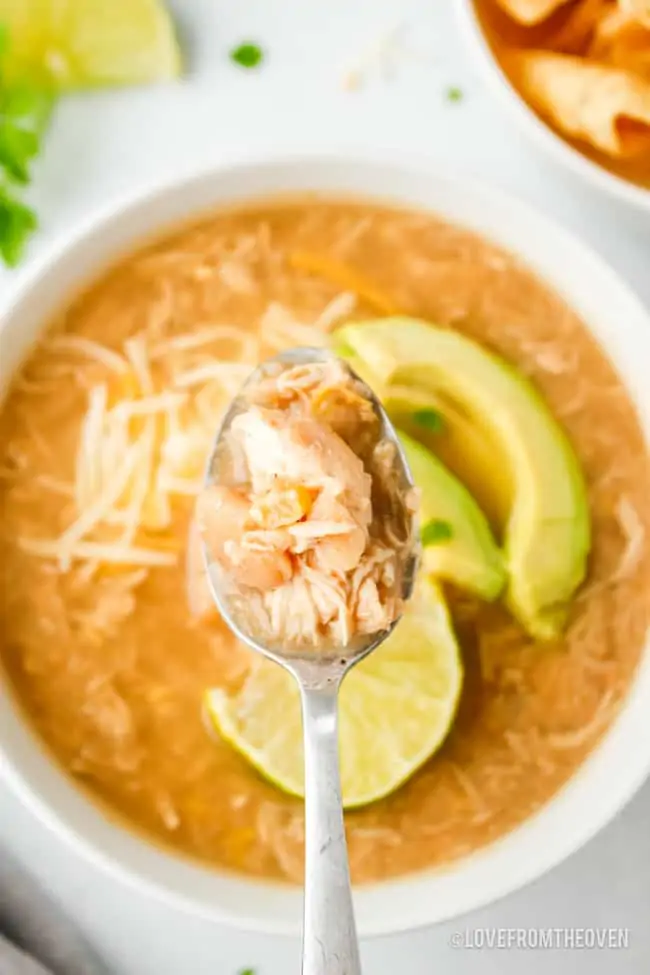 Crockpot  White Chicken Chili Soup served in a white bowl and a metal spoon inside.