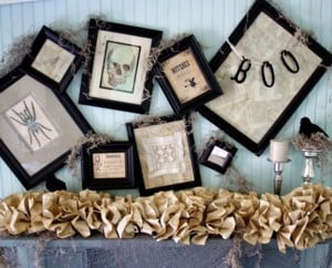 Vintage Halloween Mantel with burlap garland and picture frames