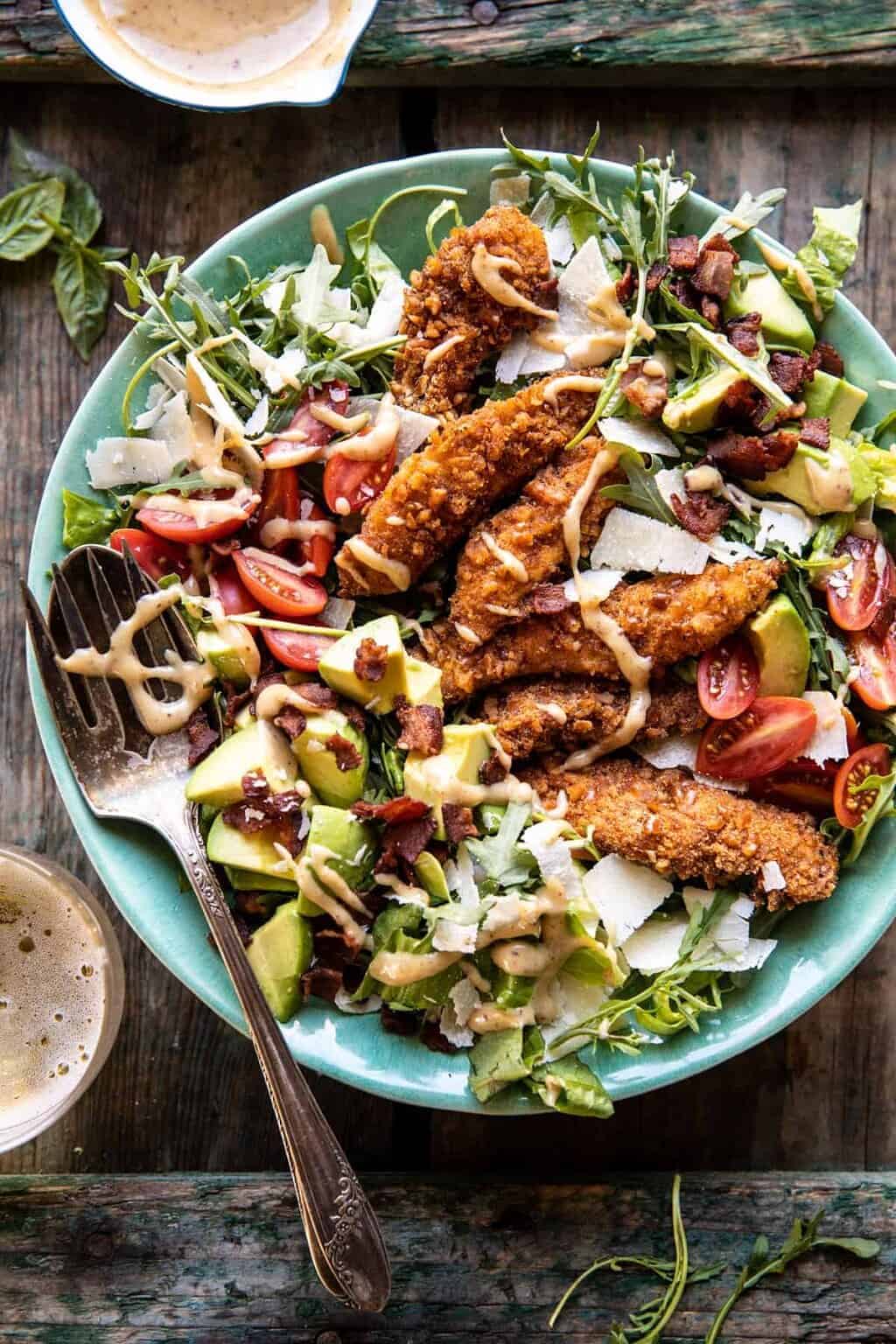 Honey Mustard Pretzel Chicken and Avocado Bacon Salad 1