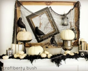 Family Room vintage Halloween Mantel  with crowns and white pumpkins 