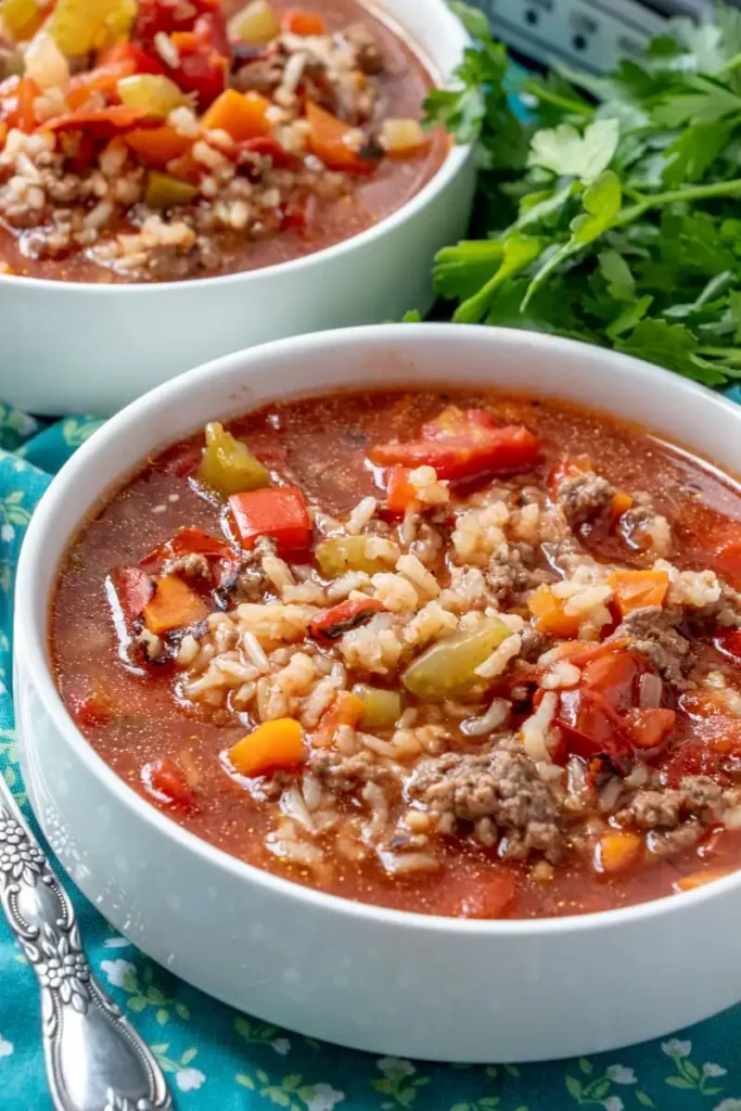 two bowls of Slow Cooker Stuffed Pepper Soup served in a white bowls next to a metal spoon and cilantro.