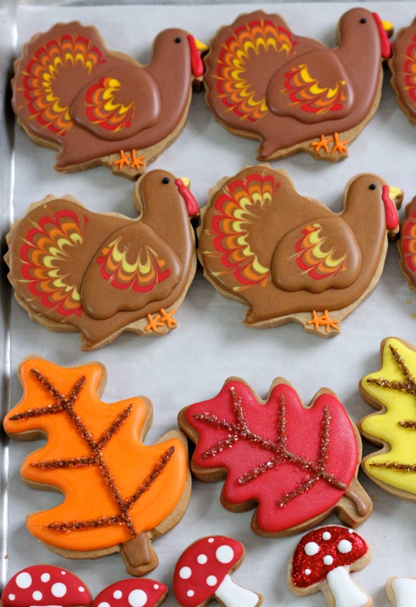 Turkey, Fall Leaves and Mushrooms Thanksgiving Cookies