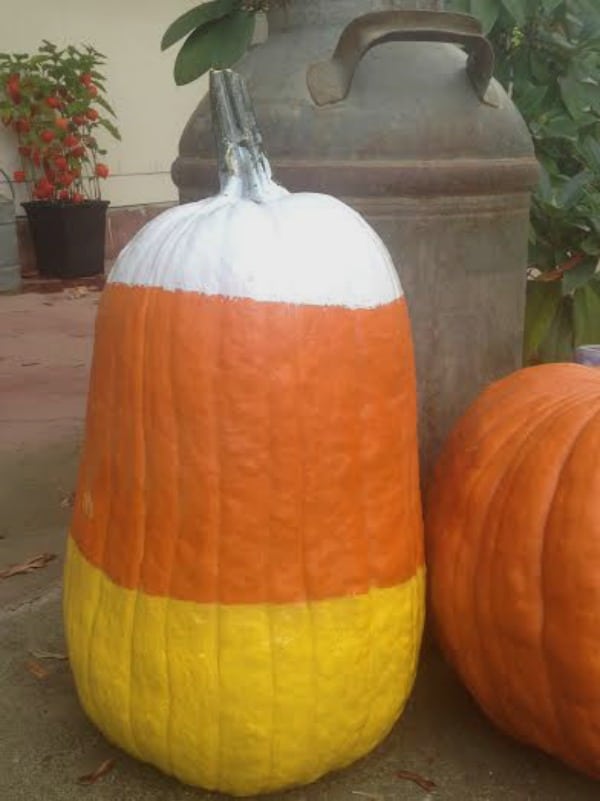 Creative Homemaking: pumpkin painted in white, orange and yellow to look like a candy corn.