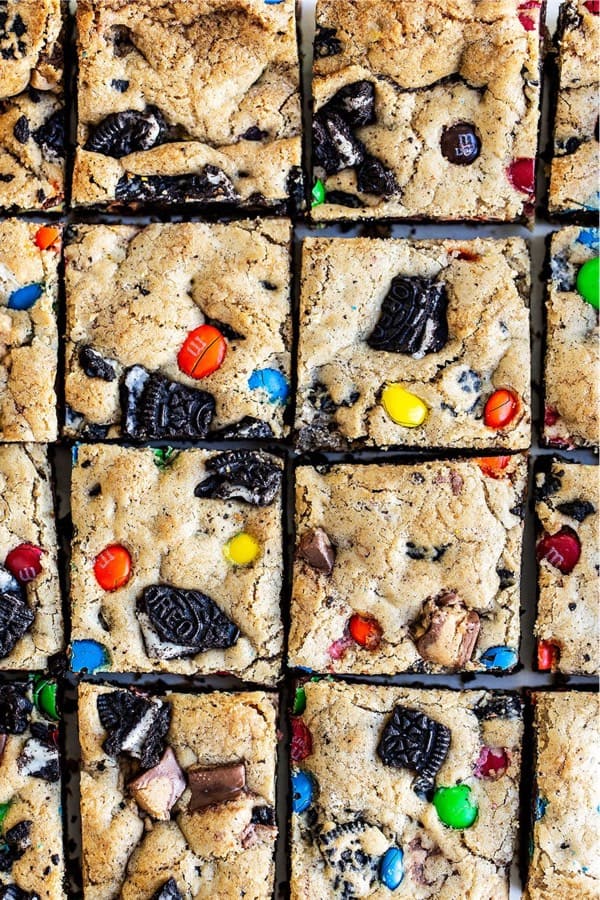 cookie bars made with left over halloween candy