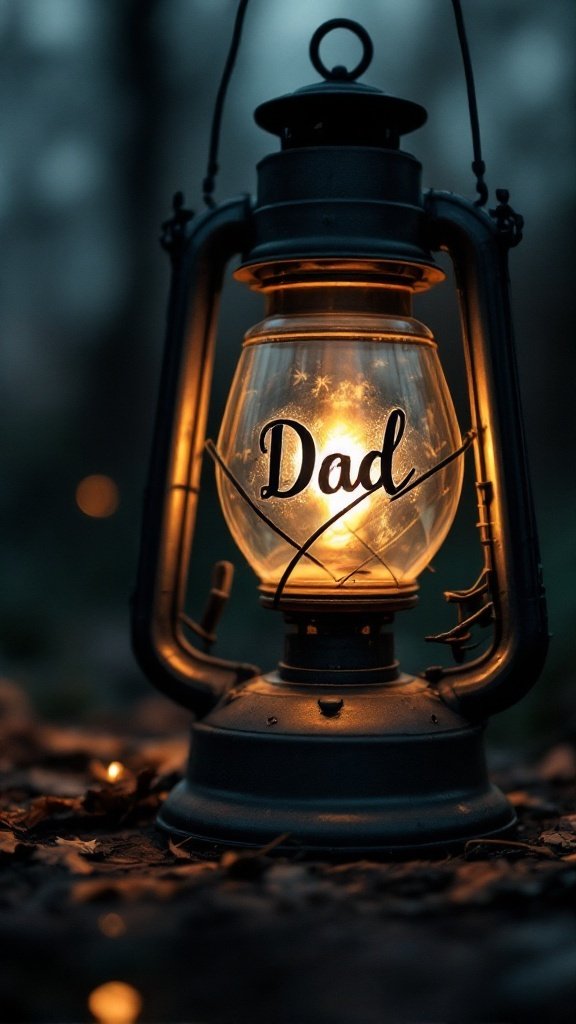 A lantern with the word 'Dad' illuminated inside