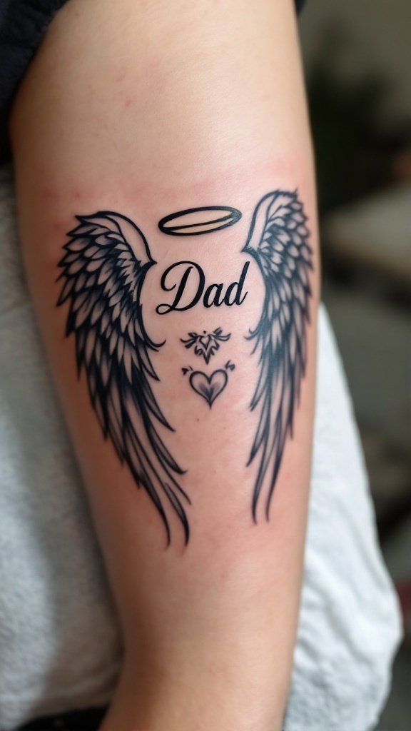 Tattoo of angel wings with the name Dad