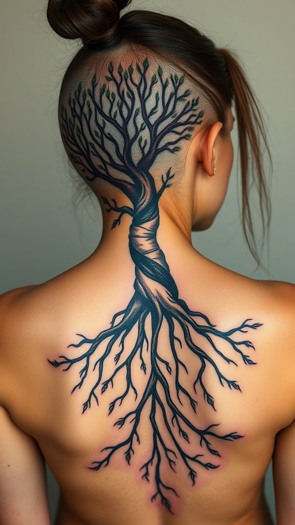 A tattoo of a tree with intricate roots on a person's back, showcasing a deep connection to nature.