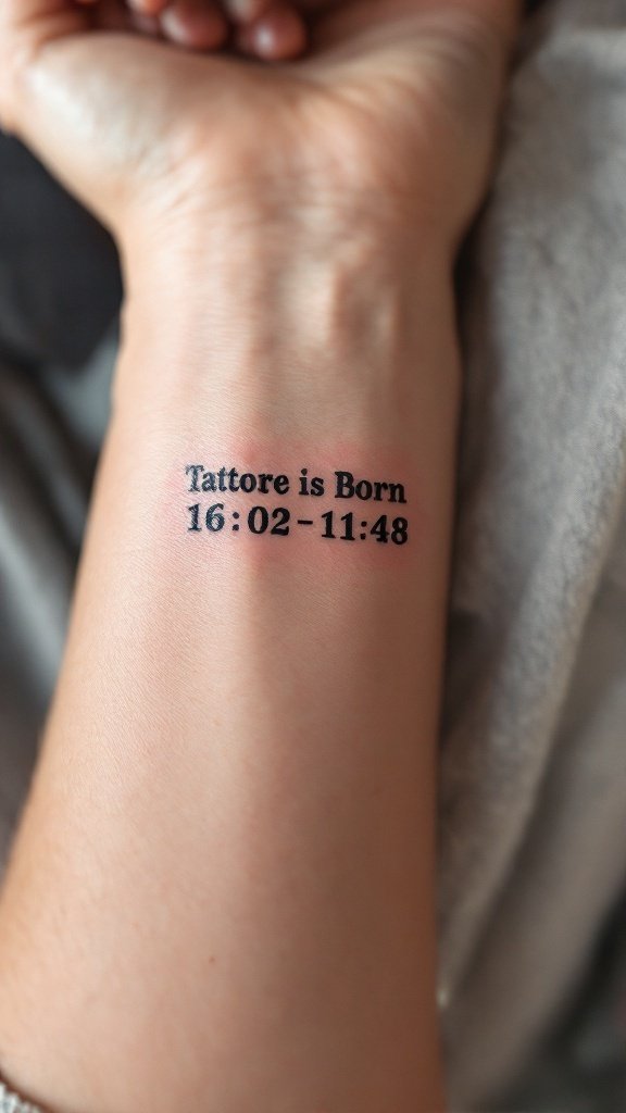 Tattoo with coordinates and birth details on a forearm
