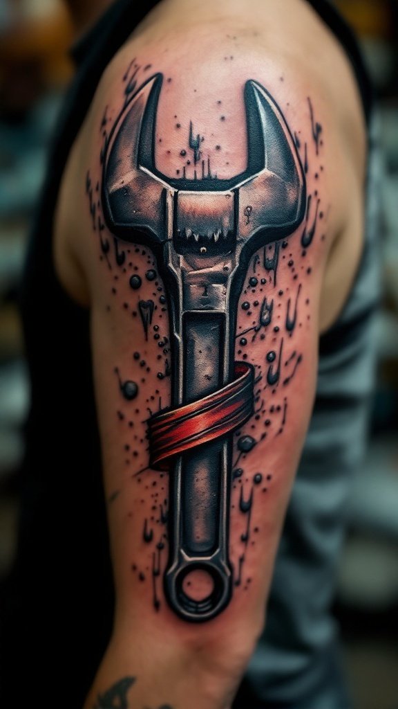 Tattoo of a wrench on an arm, surrounded by splashes of color.
