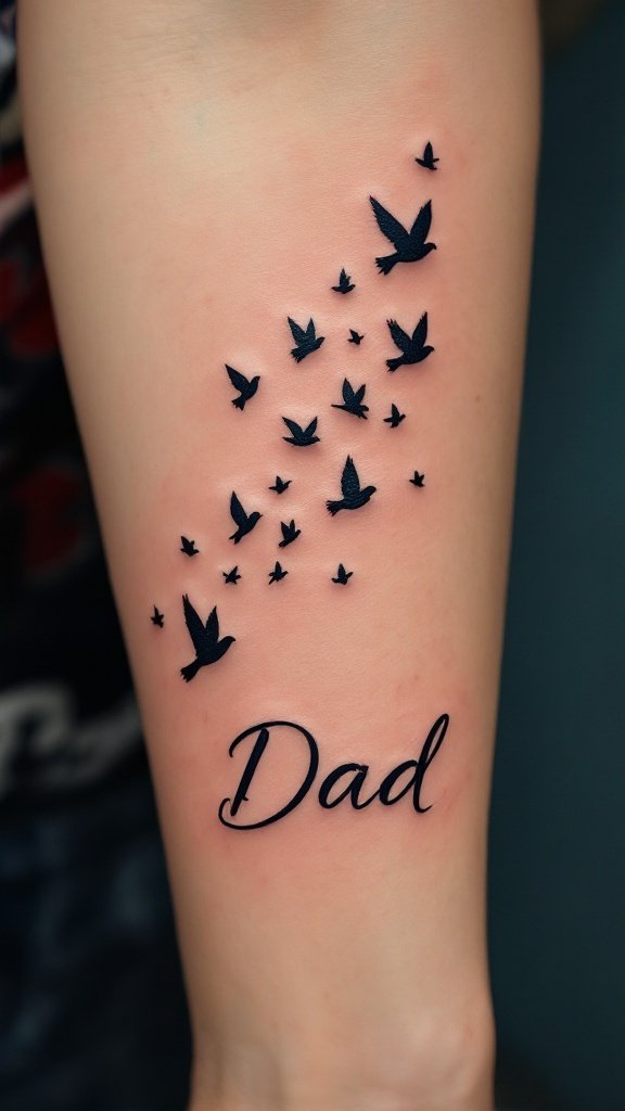 Tattoo of flying birds with the word Dad