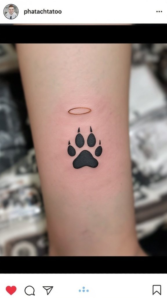 A tattoo design featuring a black paw print with a halo above it.