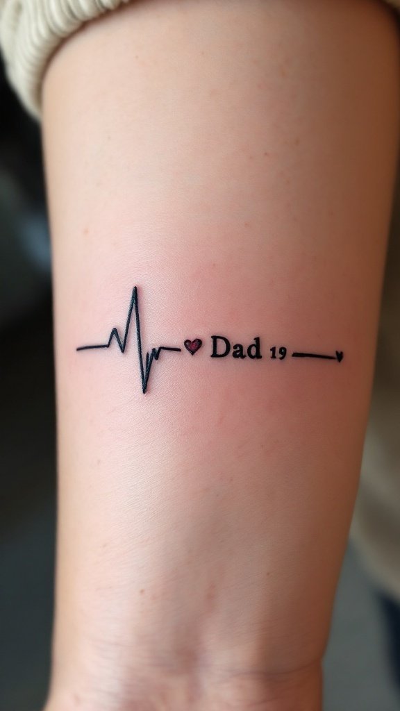 A heartbeat tattoo featuring the word 'Dad' and a date.