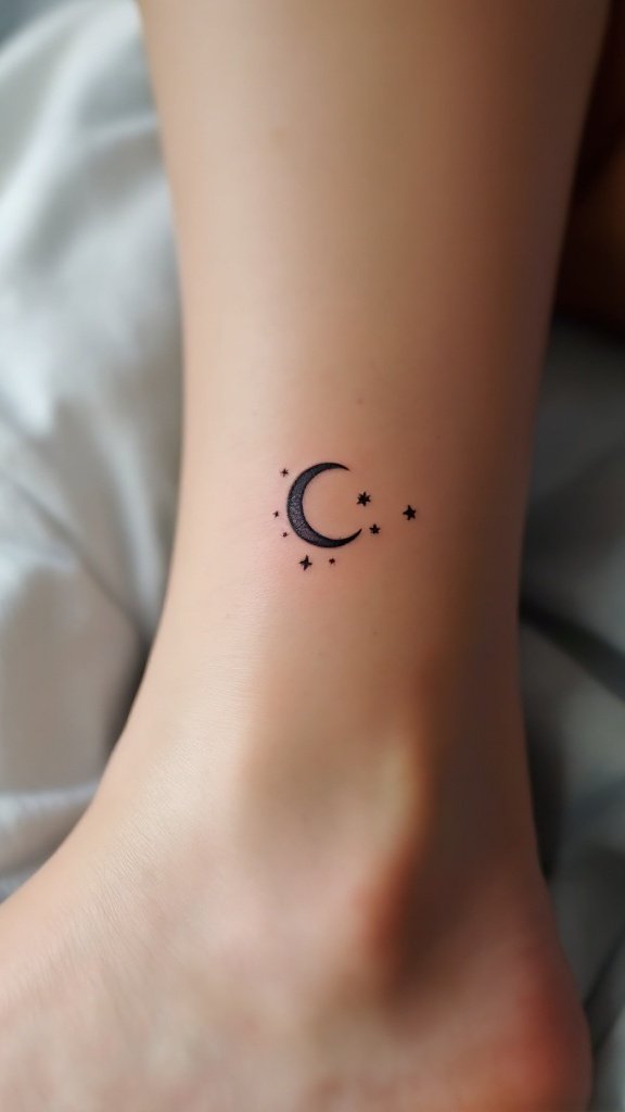 A small tattoo of a crescent moon and stars on an ankle.