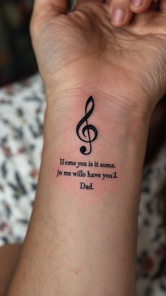 Tattoo featuring a treble clef and a lyric dedicated to Dad.