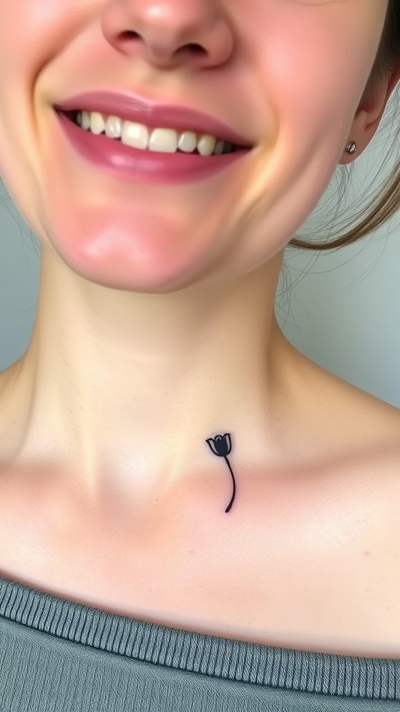 A close-up of a woman smiling with a delicate poppy fine line tattoo on her collarbone.
