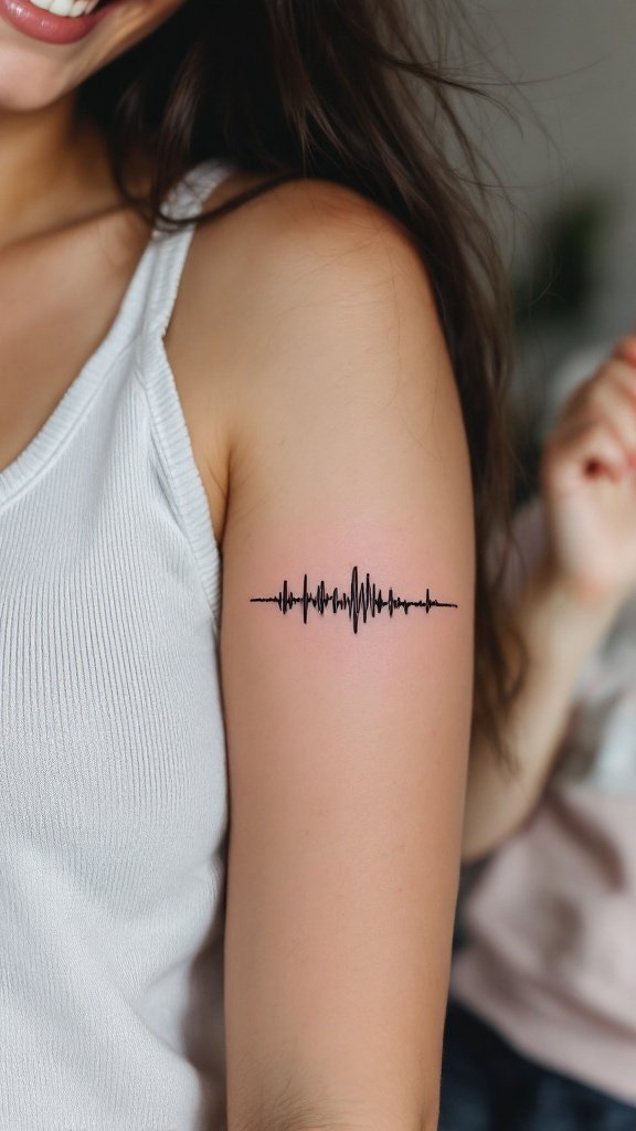 Tattoo of a soundwave representing a child's voice on a woman's arm