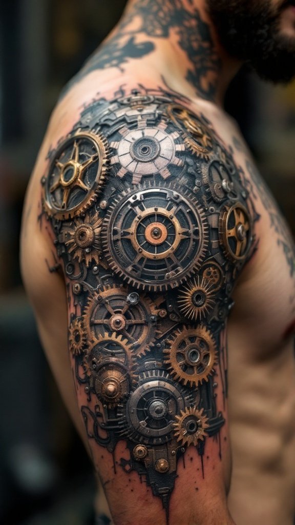 A detailed steampunk gearwork tattoo design on a shoulder