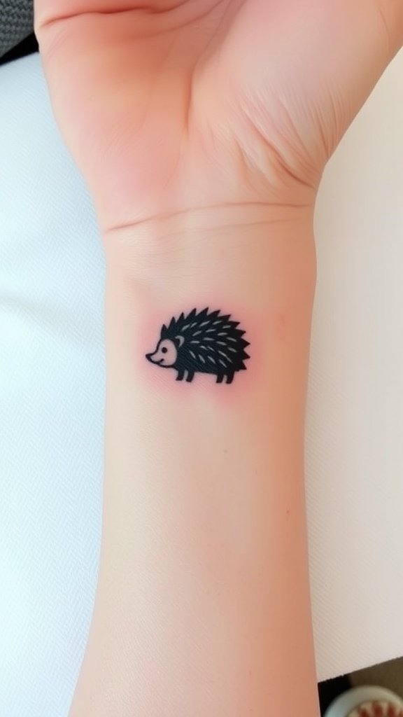 A tiny hedgehog silhouette tattoo on a wrist.