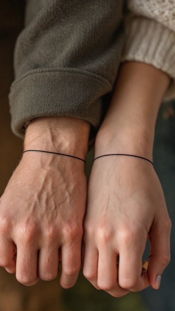 A close-up of two hands wearing wrist band tattoos, symbolizing couple's bond.
