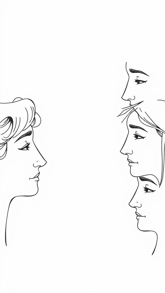 A minimalist tattoo featuring abstract faces, showcasing various expressions.