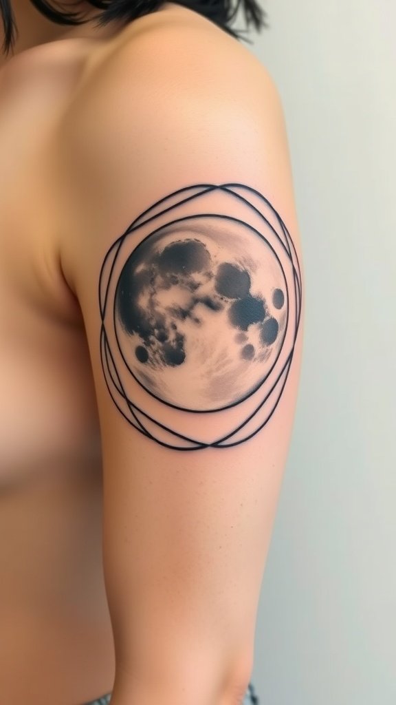 Minimalist tattoo of a moon surrounded by abstract lines on the upper arm.