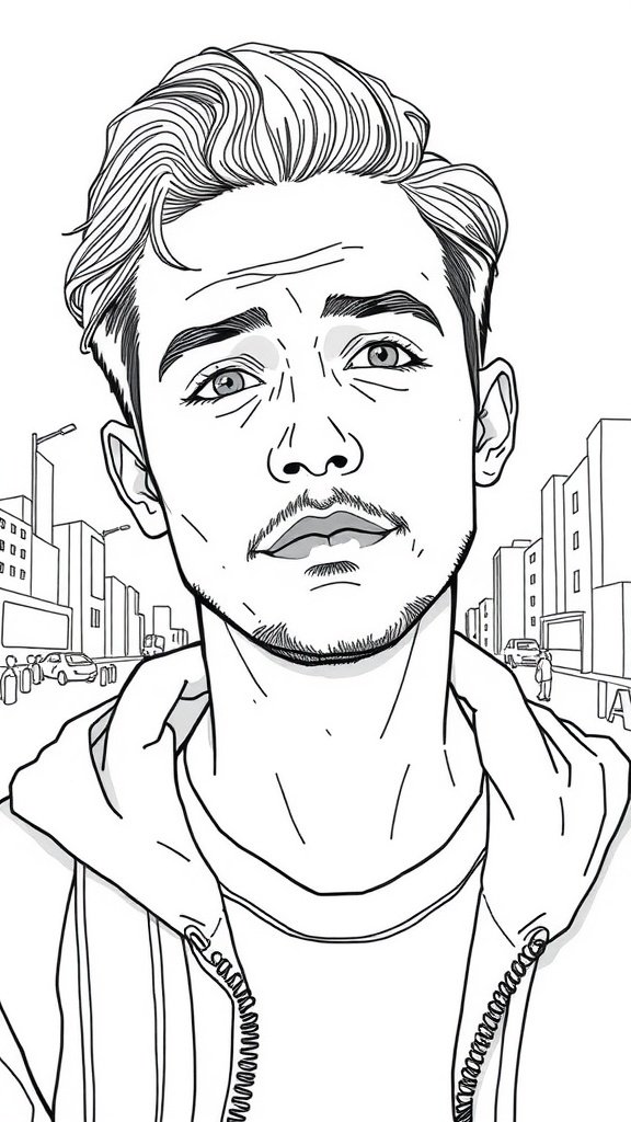 Line art tattoo of a male self-portrait with a city backdrop.