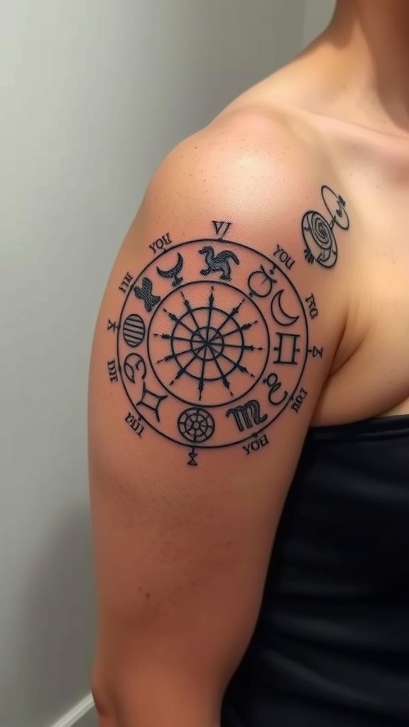 Fine line tattoo of astrological zodiac signs on a person's shoulder