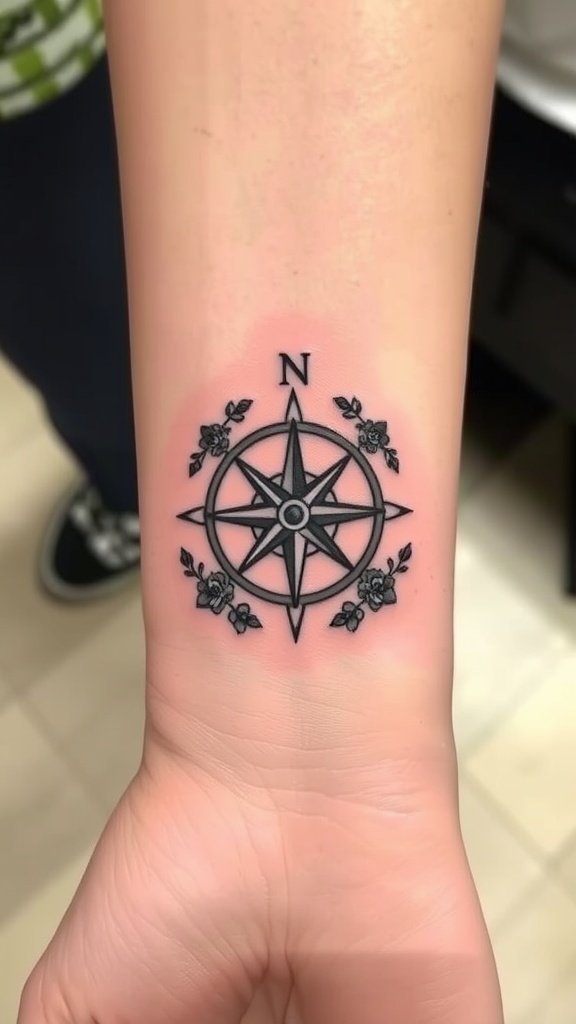 Minimalist compass tattoo with flowers