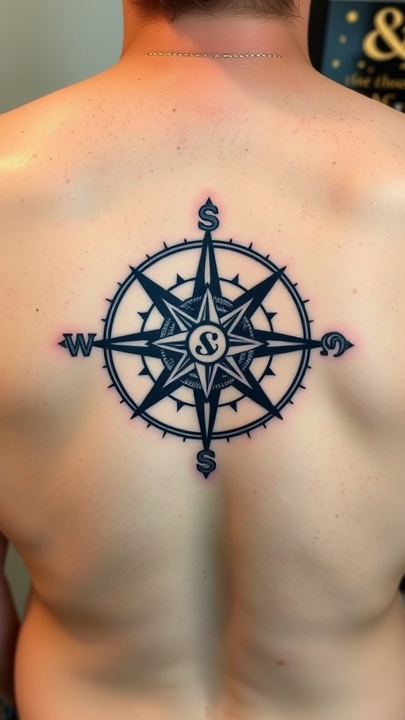 Outline of a compass rose tattoo on a person's back