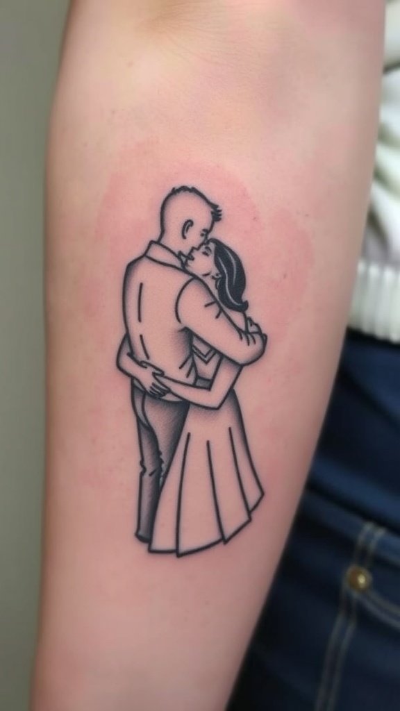 Fine line tattoo of a couple embracing
