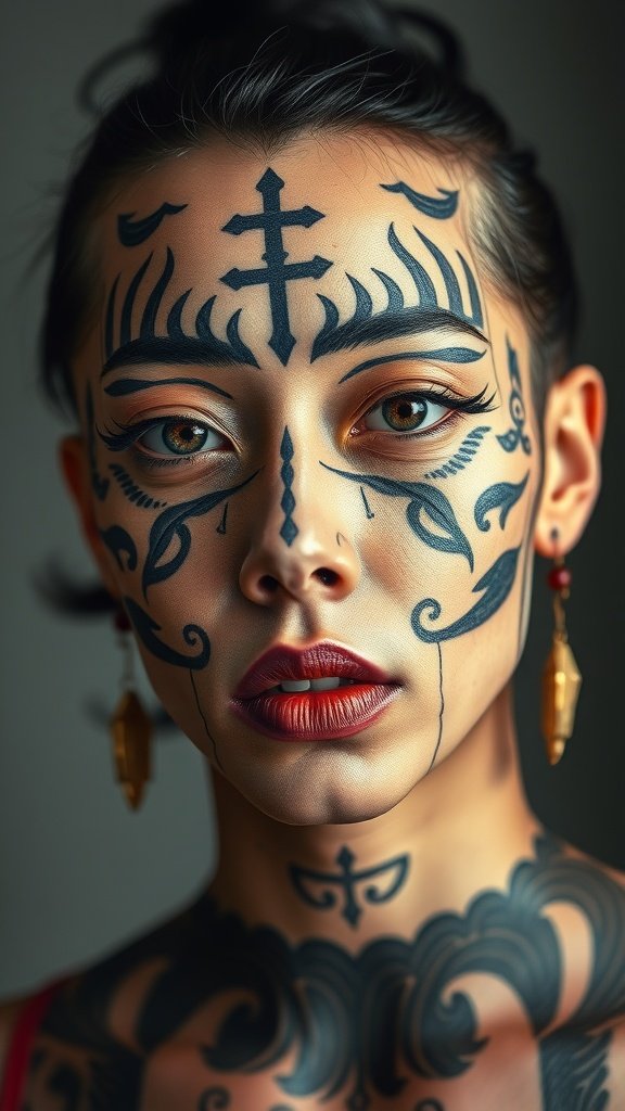 A person with traditional tattoos and decorative accessories, showcasing cultural expression.