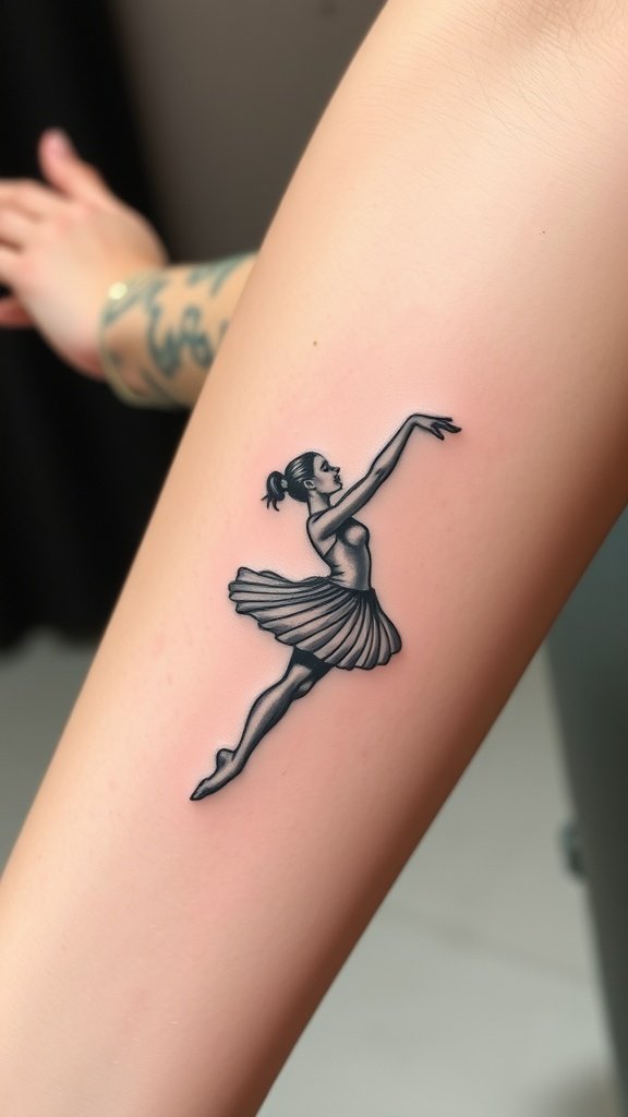 Fine line tattoo of a dancer in motion