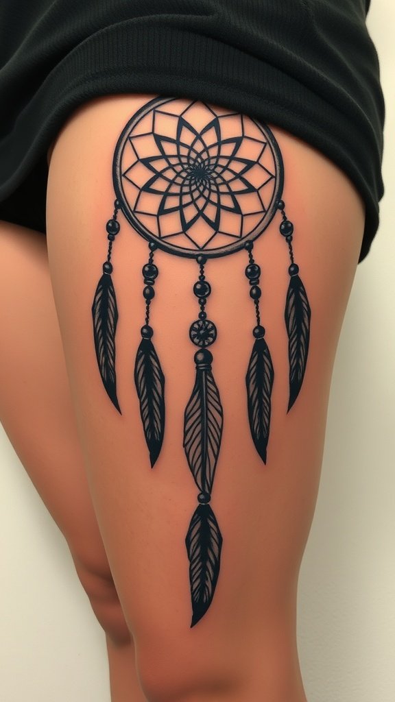 A detailed tattoo of a dreamcatcher with feathers on a thigh.