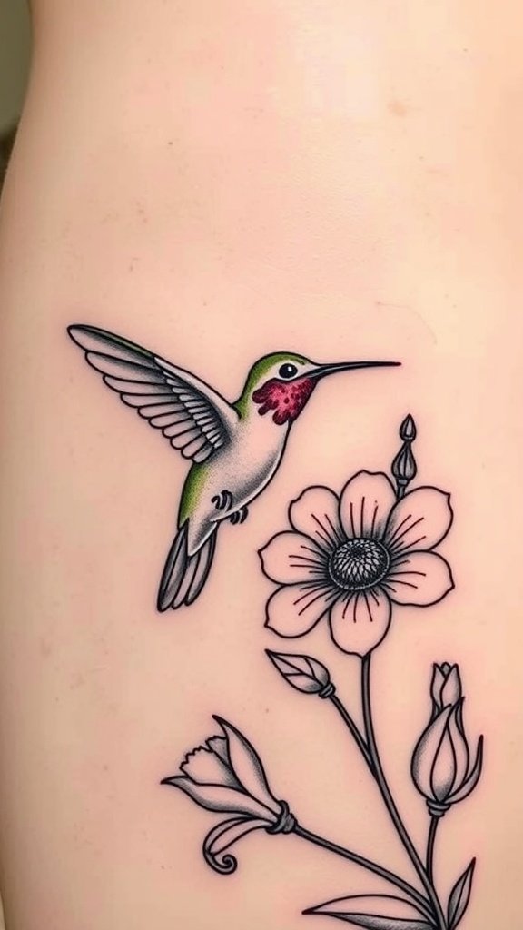 Tattoo of a hummingbird hovering near flowers on skin