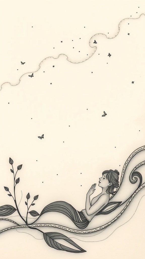 A fine line abstract tattoo of a dreaming figure surrounded by butterflies and plants.