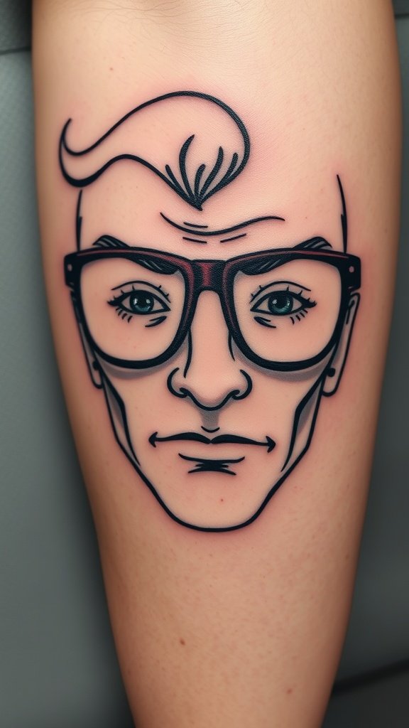 Fine line portrait tattoo of a person wearing eyeglasses.