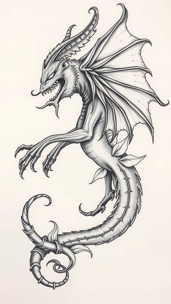 Fine line portrait tattoo of a dragon with wings and intricate details.