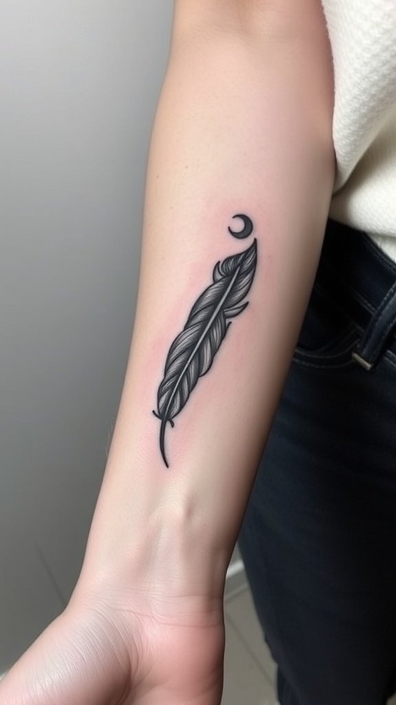 Minimalist feather tattoo with a crescent moon