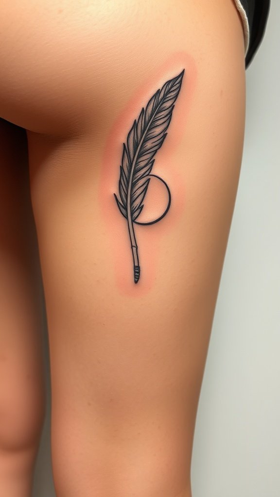 A fine line tattoo of a feather with a moon integration on a person's thigh.