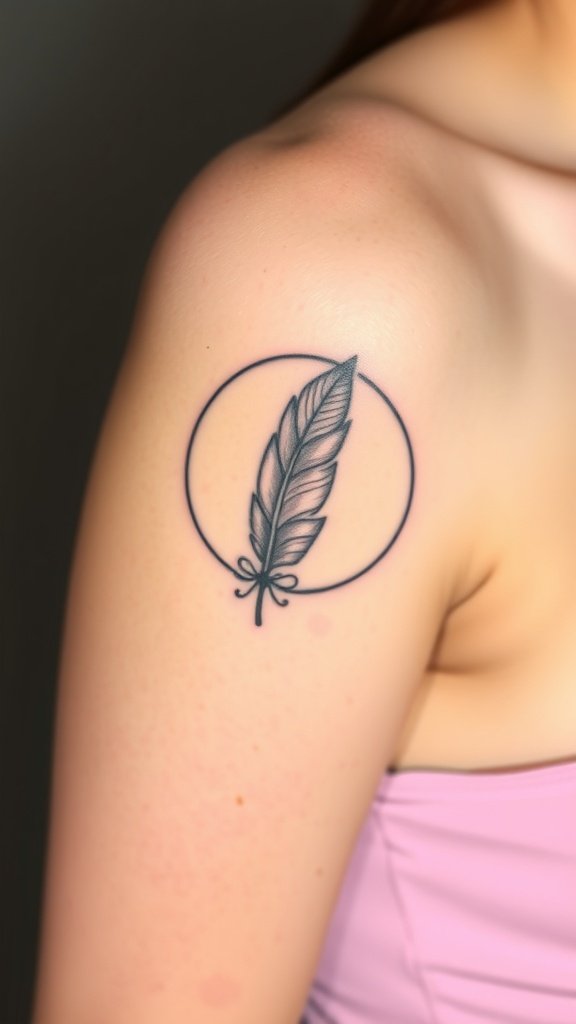 Minimalist tattoo of a feather enclosed in a circle on a shoulder.