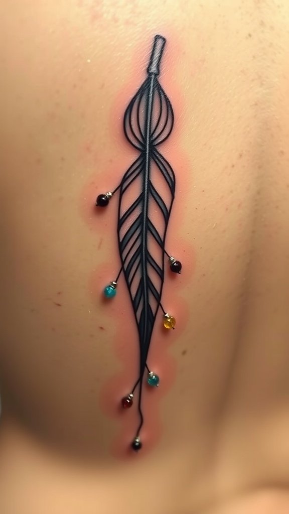 A fine line feather tattoo with colorful beads hanging from it.