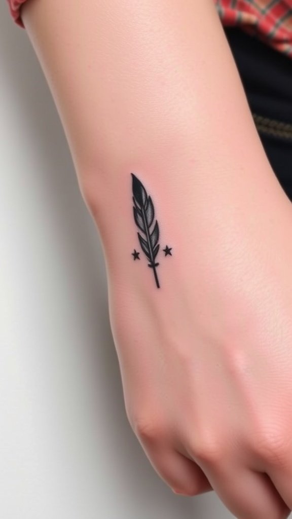 A delicate fine line feather tattoo with stars on a wrist.