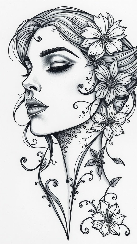 A fine line abstract face tattoo featuring a woman with floral elements.