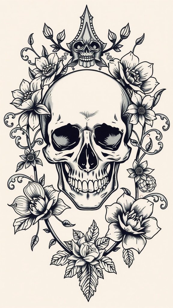 Fine line tattoo of a skull surrounded by flowers