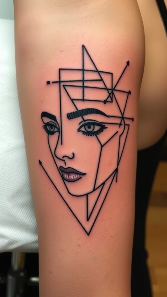 Geometric facial tattoo design featuring abstract lines and angles.