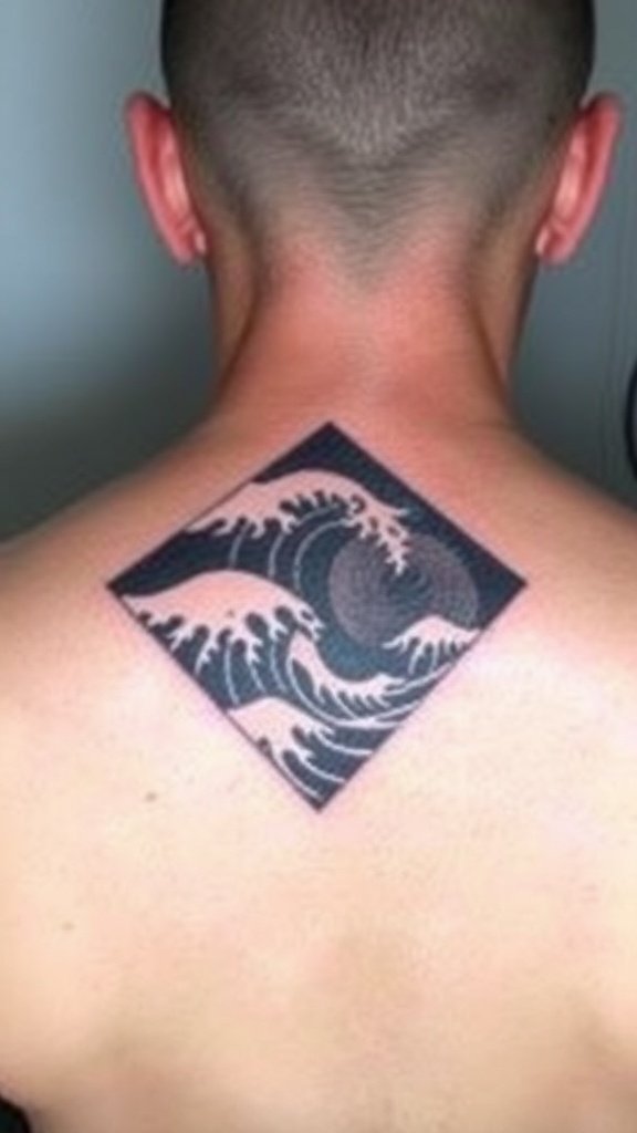 A geometric wave tattoo design on the back of a person.