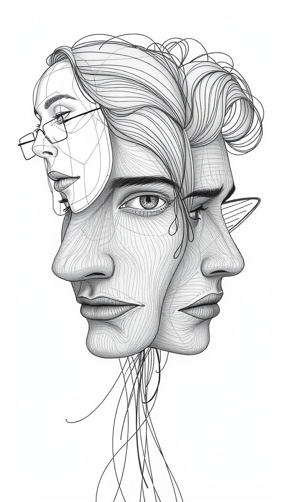 A layered abstract design featuring multiple faces in a continuous line style.